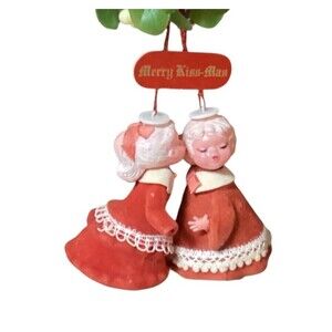 Vintage Kurt Adler Mistletoe Hanging Ball With Kissing Boy And Girl Flocked